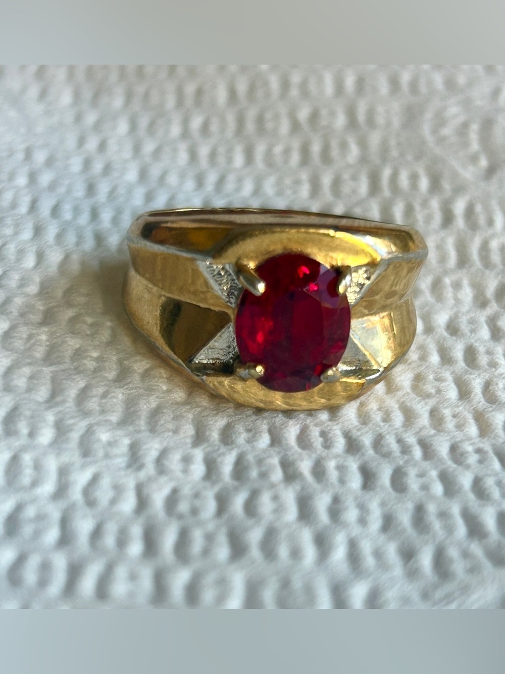 Vintage 18k GE Gold Ring 3 Carat Ruby Red Oval Stone​